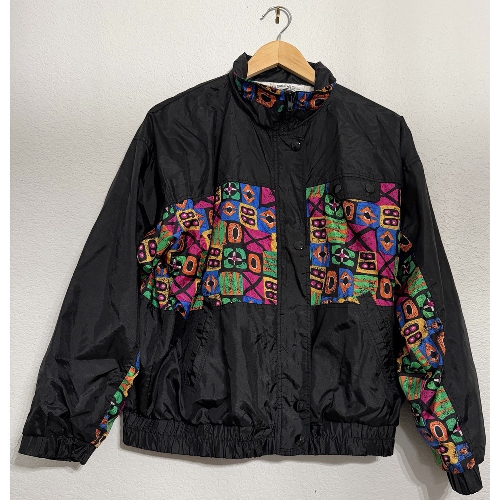 Vintage Wear2BSeen 90s Colorblock Geometric Windbreaker Jacket Black Womens M